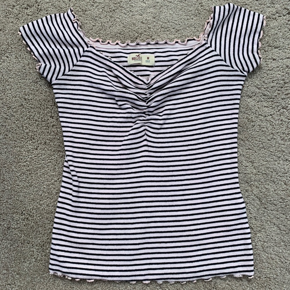 off-the-shoulder, lettuce edge, striped tee